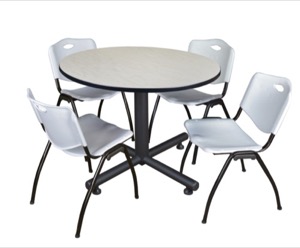 Kobe 48" Round Breakroom Table - Maple & 4 'M' Stack Chairs - Grey