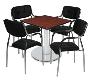 Via 30" Square Platter Base Table - Cherry/Chrome & 4 Uptown Side Chairs - Black