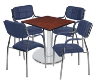 Via 30" Square Platter Base Table - Cherry/Chrome & 4 Uptown Side Chairs - Navy