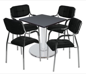 Via 30" Square Platter Base Table - Grey/Chrome & 4 Uptown Side Chairs - Black