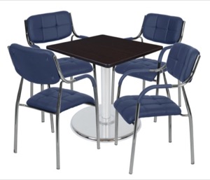 Via 30" Square Platter Base Table - Mocha Walnut/Chrome & 4 Uptown Side Chairs - Navy