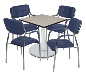 Via 30" Square Platter Base Table - Maple/Chrome & 4 Uptown Side Chairs - Navy