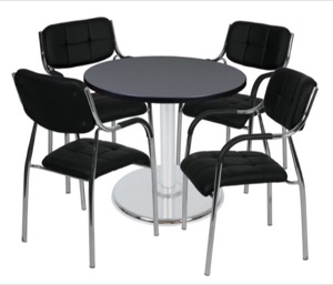 Via 30" Round Platter Base Table - Grey/Chrome & 4 Uptown Side Chairs - Black