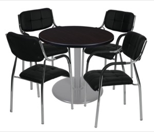 Via 30" Round Platter Base Table - Mocha Walnut/Grey & 4 Uptown Side Chairs - Black