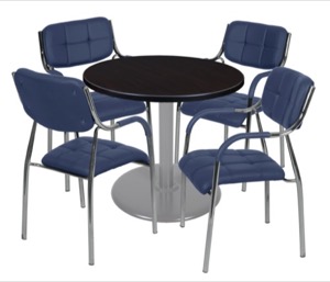 Via 30" Round Platter Base Table - Mocha Walnut/Grey & 4 Uptown Side Chairs - Navy