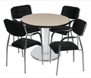 Via 36" Round Platter Base Table - Beige/Chrome & 4 Uptown Side Chairs - Black