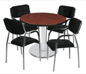 Via 36" Round Platter Base Table - Cherry/Chrome & 4 Uptown Side Chairs - Black