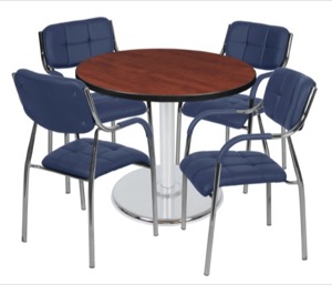 Via 36" Round Platter Base Table - Cherry/Chrome & 4 Uptown Side Chairs - Navy