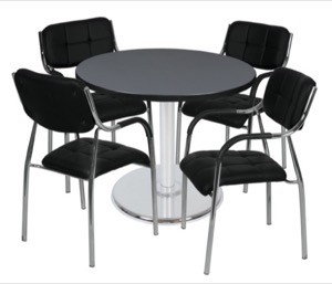 Via 36" Round Platter Base Table - Grey/Chrome & 4 Uptown Side Chairs - Black