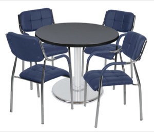 Via 36" Round Platter Base Table - Grey/Chrome & 4 Uptown Side Chairs - Navy
