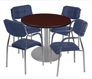 Via 36" Round Platter Base Table - Mahogany/Grey & 4 Uptown Side Chairs - Navy