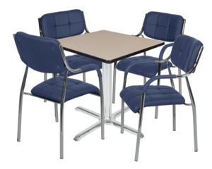 Via 30" Square X-Base Table - Beige/Chrome & 4 Uptown Side Chairs - Navy