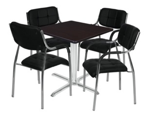 Via 30" Square X-Base Table - Mocha Walnut/Chrome & 4 Uptown Side Chairs - Black