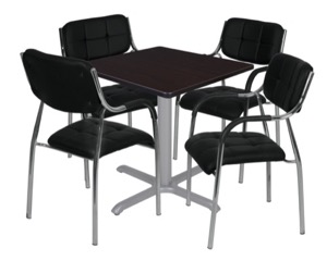 Via 30" Square X-Base Table - Mocha Walnut/Grey & 4 Uptown Side Chairs - Black