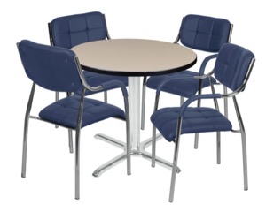 Via 30" Round X-Base Table - Beige/Chrome & 4 Uptown Side Chairs - Navy