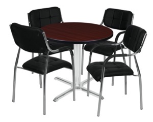 Via 30" Round X-Base Table - Mahogany/Chrome & 4 Uptown Side Chairs - Black