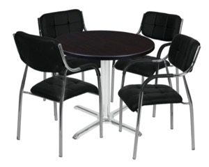 Via 30" Round X-Base Table - Mocha Walnut/Chrome & 4 Uptown Side Chairs - Black