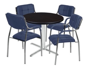 Via 30" Round X-Base Table - Mocha Walnut/Chrome & 4 Uptown Side Chairs - Navy