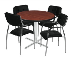 Via 42" Round X-Base Table - Cherry/Chrome & 4 Uptown Side Chairs - Black