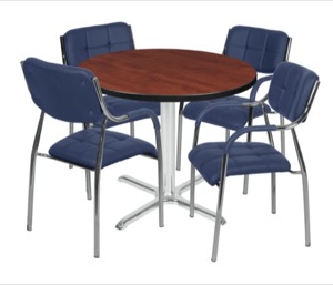 Via 42" Round X-Base Table - Cherry/Chrome & 4 Uptown Side Chairs - Navy