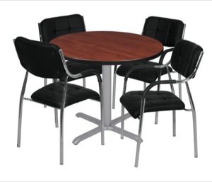 Via 42" Round X-Base Table - Cherry/Grey & 4 Uptown Side Chairs - Black