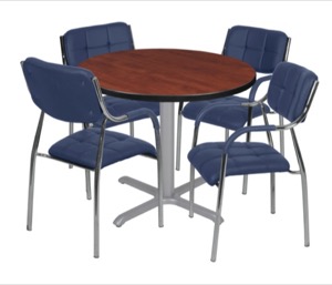 Via 42" Round X-Base Table - Cherry/Grey & 4 Uptown Side Chairs - Navy