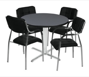 Via 42" Round X-Base Table - Grey/Chrome & 4 Uptown Side Chairs - Black
