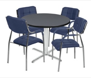 Via 42" Round X-Base Table - Grey/Chrome & 4 Uptown Side Chairs - Navy