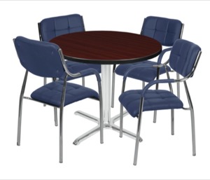 Via 42" Round X-Base Table - Mahogany/Chrome & 4 Uptown Side Chairs - Navy