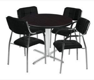 Via 42" Round X-Base Table - Mocha Walnut/Chrome & 4 Uptown Side Chairs - Black