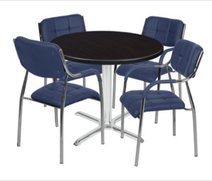 Via 42" Round X-Base Table - Mocha Walnut/Chrome & 4 Uptown Side Chairs - Navy