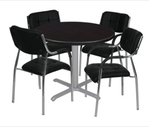 Via 42" Round X-Base Table - Mocha Walnut/Grey & 4 Uptown Side Chairs - Black
