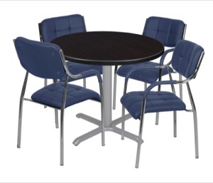 Via 42" Round X-Base Table - Mocha Walnut/Grey & 4 Uptown Side Chairs - Navy