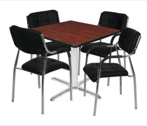 Via 48" Square X-Base Table - Cherry/Chrome & 4 Uptown Side Chairs - Black