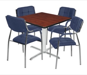 Via 48" Square X-Base Table - Cherry/Chrome & 4 Uptown Side Chairs - Navy