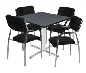 Via 48" Square X-Base Table - Grey/Chrome & 4 Uptown Side Chairs - Black