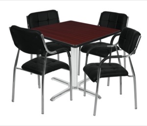Via 48" Square X-Base Table - Mahogany/Chrome & 4 Uptown Side Chairs - Black