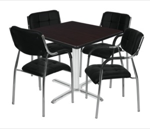Via 48" Square X-Base Table - Mocha Walnut/Chrome & 4 Uptown Side Chairs - Black