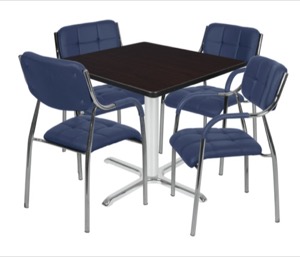 Via 48" Square X-Base Table - Mocha Walnut/Chrome & 4 Uptown Side Chairs - Navy