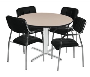 Via 48" Round X-Base Table - Beige/Chrome & 4 Uptown Side Chairs - Black