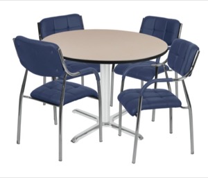 Via 48" Round X-Base Table - Beige/Chrome & 4 Uptown Side Chairs - Navy