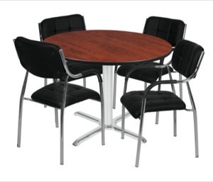 Via 48" Round X-Base Table - Cherry/Chrome & 4 Uptown Side Chairs - Black