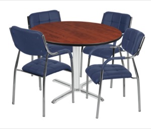 Via 48" Round X-Base Table - Cherry/Chrome & 4 Uptown Side Chairs - Navy