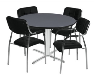 Via 48" Round X-Base Table - Grey/Chrome & 4 Uptown Side Chairs - Black