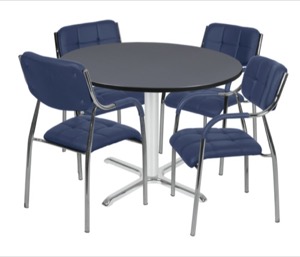 Via 48" Round X-Base Table - Grey/Chrome & 4 Uptown Side Chairs - Navy