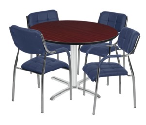 Via 48" Round X-Base Table - Mahogany/Chrome & 4 Uptown Side Chairs - Navy