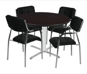 Via 48" Round X-Base Table - Mocha Walnut/Chrome & 4 Uptown Side Chairs - Black