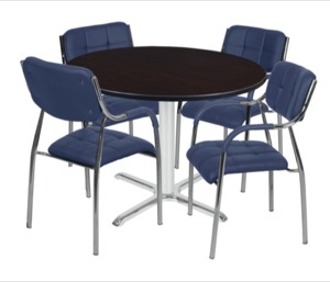 Via 48" Round X-Base Table - Mocha Walnut/Chrome & 4 Uptown Side Chairs - Navy