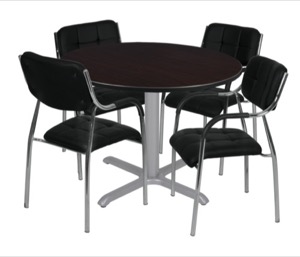 Via 48" Round X-Base Table - Mocha Walnut/Grey & 4 Uptown Side Chairs - Black