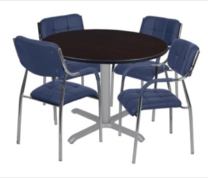Via 48" Round X-Base Table - Mocha Walnut/Grey & 4 Uptown Side Chairs - Navy